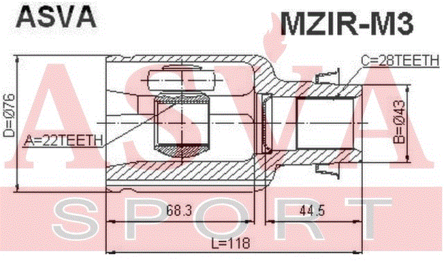 ШРУС ВНУТРЕННИЙ ПРАВЫЙ 22x43x28 MZIR-M3