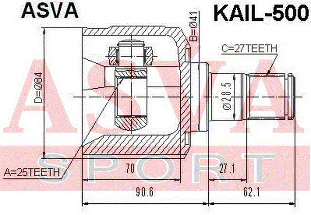 ШРУС ВНУТРЕННИЙ ЛЕВЫЙ 25x41x27 KAIL-500