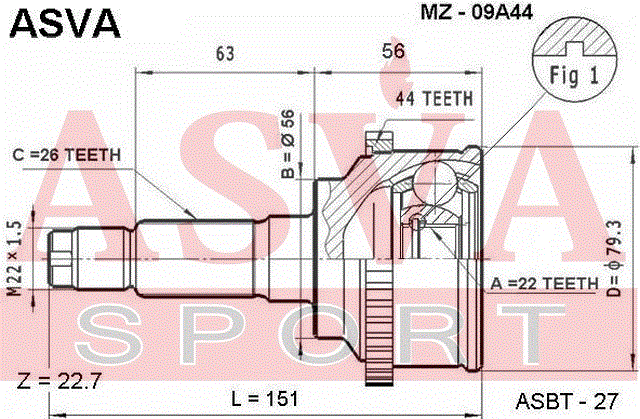 ШРУС НАРУЖНЫЙ 22x56x26 MZ-09A44