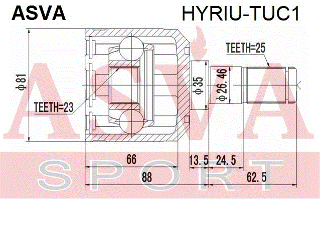 ШРУС ВНУТРЕННИЙ ЗАДНИЙ 23x35x25 (ВЫСОТА ТРИПОИДА 22ММ) HYRIU-TUC1