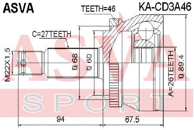 ШРУС НАРУЖНЫЙ 26x60x27 KA-CD3A46