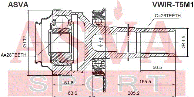 ШРУС ВНУТРЕННИЙ ПРАВЫЙ 28x44.2x26 VWIR-T5M1