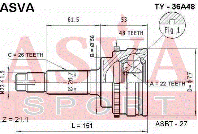 ШРУС НАРУЖНЫЙ 22x56x26 TY-36A48