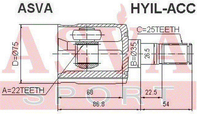 ШРУС ВНУТРЕННИЙ ЛЕВЫЙ 22x35x25 HYIL-ACC