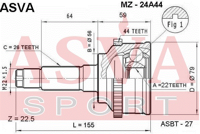 ШРУС НАРУЖНЫЙ 22x56x26 MZ-24A44