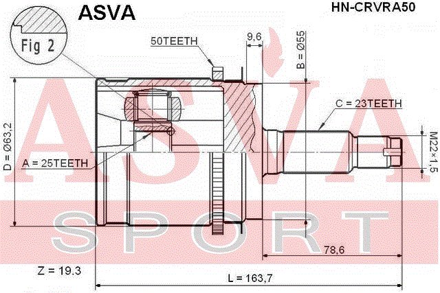 ШРУС НАРУЖНЫЙ ЗАДНИЙ 25x55x23 HN-CRVRA50