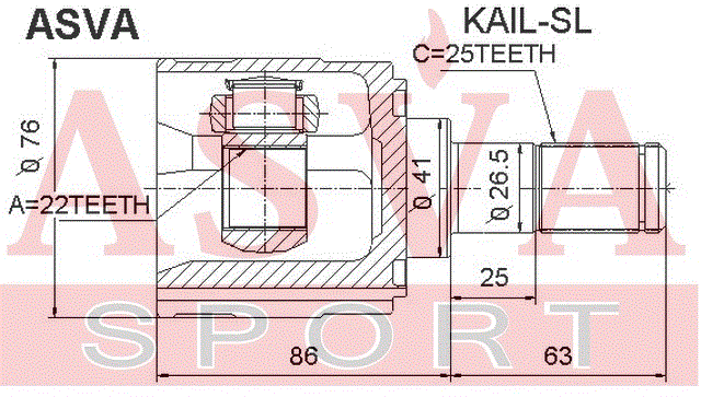 ШРУС ВНУТРЕННИЙ ЛЕВЫЙ 22x41x25 KAIL-SL