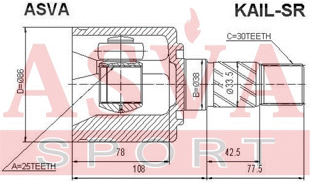 ШРУС ВНУТРЕННИЙ ЛЕВЫЙ 25x38x30 KAIL-SR