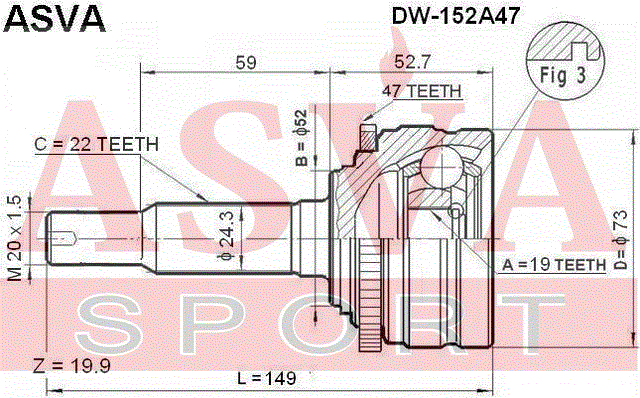 ШРУС НАРУЖНЫЙ 19x52x22 DW-152