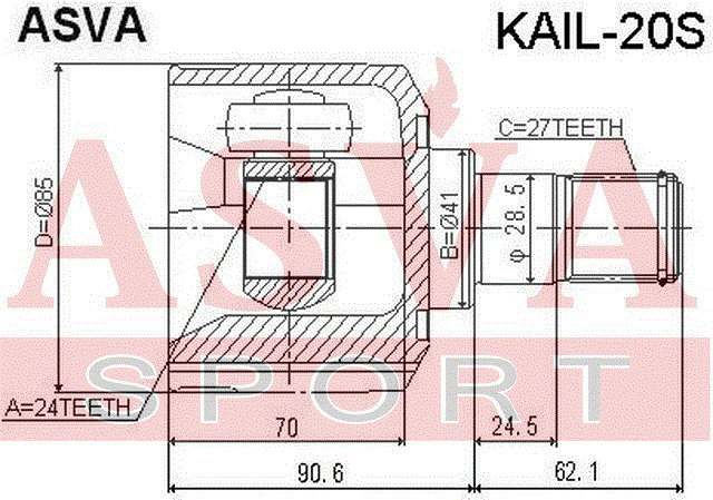 ШРУС ВНУТРЕННИЙ ЛЕВЫЙ 24x41x27 KAIL-20S