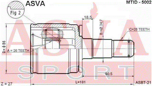 ШРУС ВНУТРЕННИЙ ЛЕВЫЙ 26x34.7x28 MTID-5002