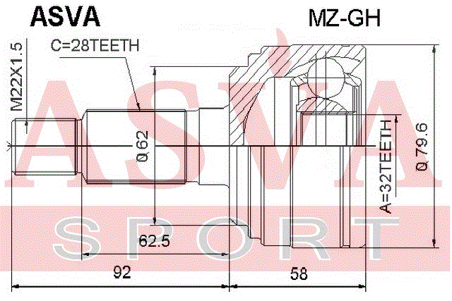 ШРУС НАРУЖНЫЙ 32x62x28 MZ-GH
