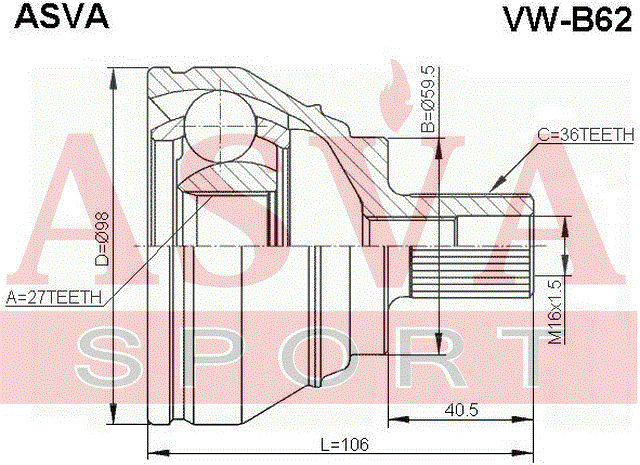ШРУС НАРУЖНЫЙ 27x59,5x36 VW-B62