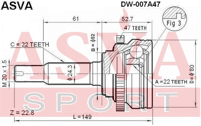 ШРУС НАРУЖНЫЙ 22x52x22 DW-007A47