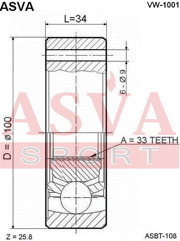 ШРУС ВНУТРЕННИЙ 33x100 VW-1001