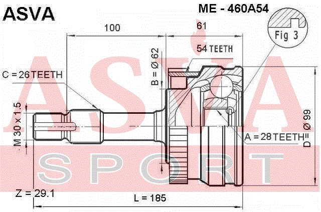 ШРУС НАРУЖНЫЙ 28x62x26 ME-460A54