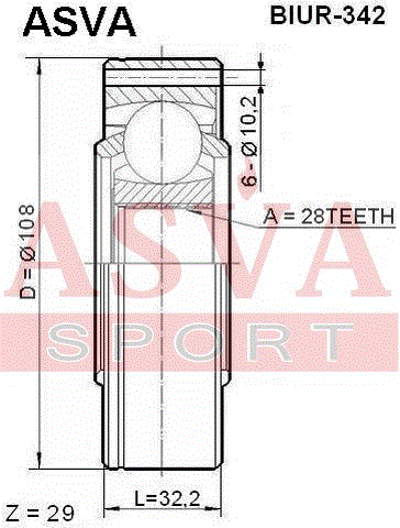 ШРУС ВНУТРЕННИЙ ЗАДНИЙ 28x108 BIUR-342