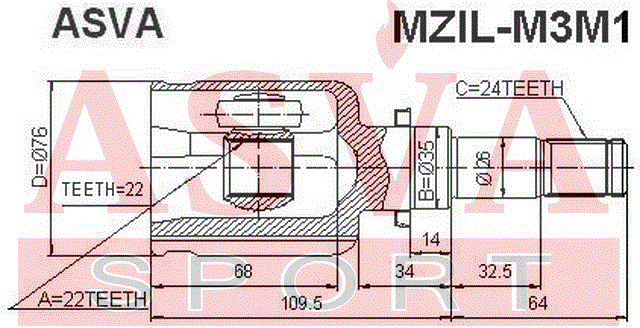 ШРУС ВНУТРЕННИЙ ЛЕВЫЙ 22x35x24 MZIL-M3M1