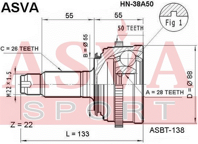 ШРУС НАРУЖНЫЙ 28x55x26 HN-38A50