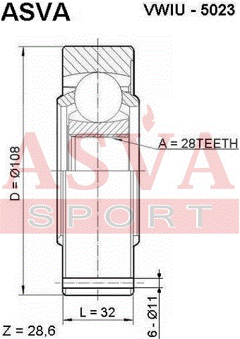 ШРУС ВНУТРЕННИЙ 28x108 VWIU-5023