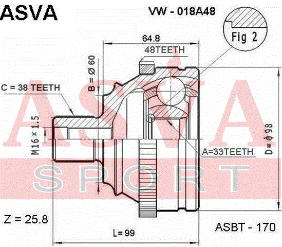 ШРУС НАРУЖНЫЙ 33x60x38 VW-018A48